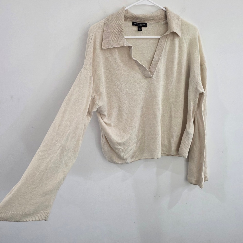 Banana Republic Womens Linen Polo Sweater Size Medium Beige Collared Flare